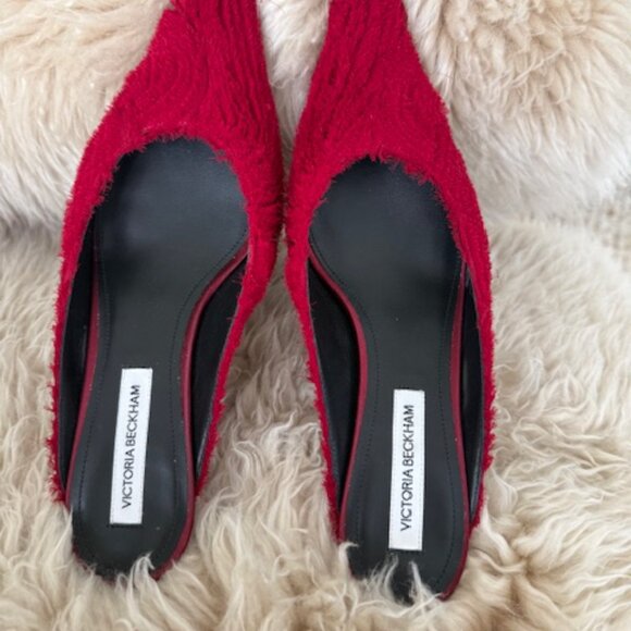 Victoria Beckham 45mm Sloan Pointed-Toe Fringed Mules - Red  Victoria Beckham 45mm Sloan pointed-toe fringed mules